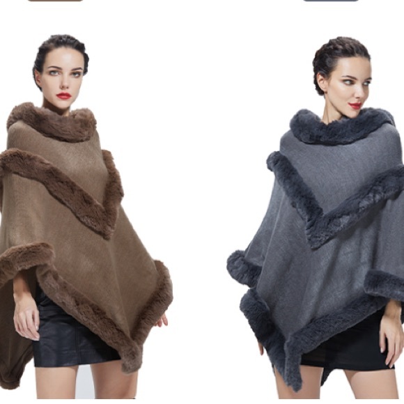 FAUX FUR Trim Brown Luxurious Poncho Shawl Cape NWOT - Picture 2 of 8